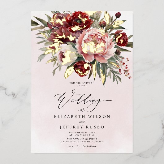 Invitation En Aluminium Élégant Boho Bourgogne Blush Floral Mariage (Recto)