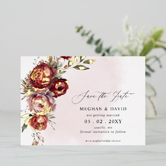 Invitation En Aluminium Elégant Boho Bourgogne Blush Floral Photo (Debout devant)