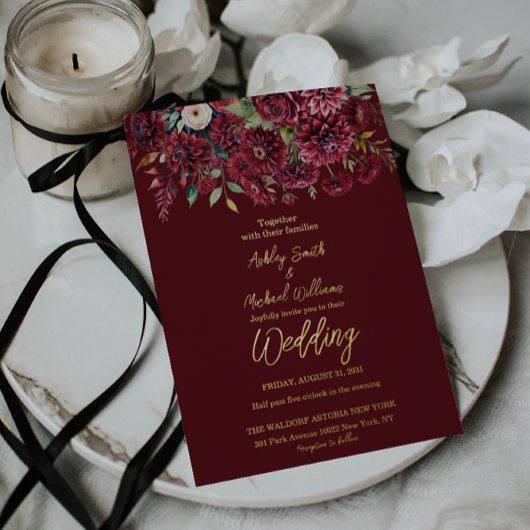 Invitation En Aluminium Elégant Boho Bourgogne Mariage Floral Formal
