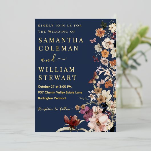 Invitation En Aluminium Elégant Boho Fleur sauvage Blue Navy Rustic Mariag (Debout devant)