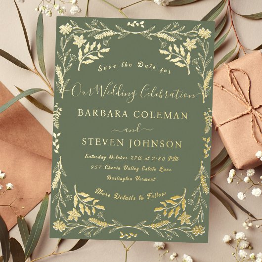 Invitation En Aluminium Elégant Boho Floral Sage Green Typographie Mariage