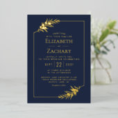 Invitation En Aluminium Elégant Botanique Bordure Or Mariage bleu marine (Debout devant)