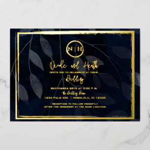 Invitation En Aluminium Élégant botanique sombre mariage bleu marine et or