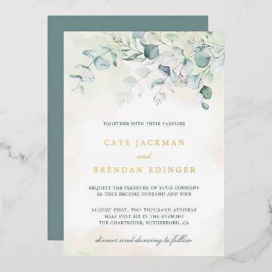 Invitation En Aluminium Elégant Botanique Verdure Eucalyptus Mariage Or (Recto/Verso)