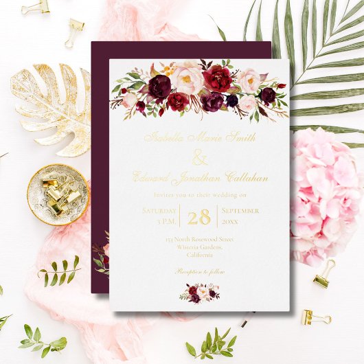 Invitation En Aluminium Elégant Bouquet de Bourgogne & Rose Blush Gold