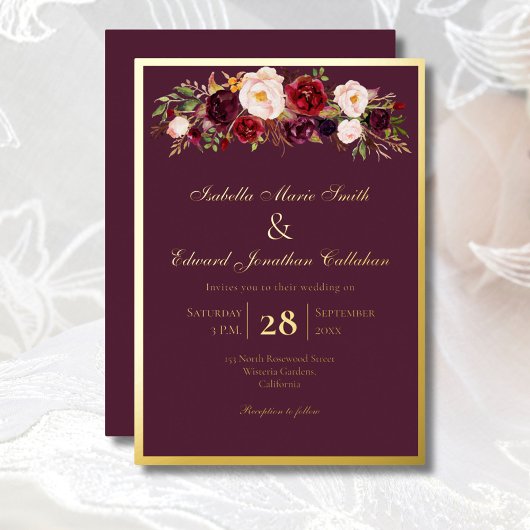 Invitation En Aluminium Elégant Bouquet Rose Bourgogne & Blush Gold
