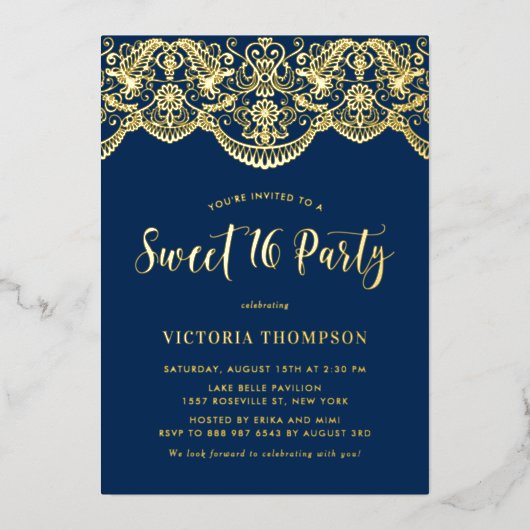 Invitation En Aluminium Elégant Brocade Lace Navy Blue Sweet 16 Party (Recto)