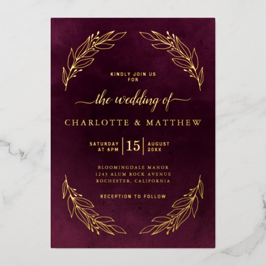 Invitation En Aluminium Elegant Burgundy and Gold Botanical Wedding (Recto)
