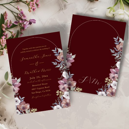 Invitation En Aluminium Elegant Burgundy Floral Gold Script Wedding