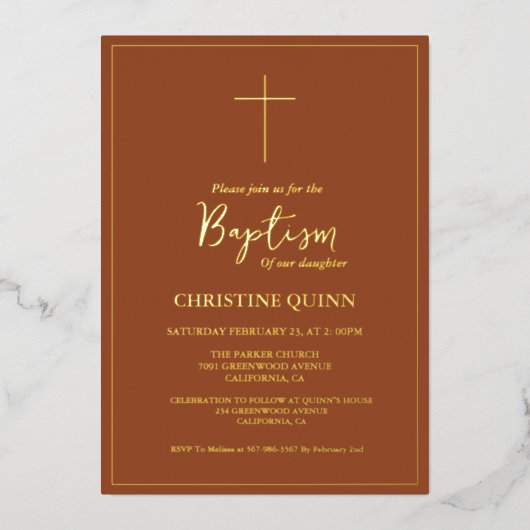 Invitation En Aluminium Élégant Burnt Orange & Or Baptême & Christening (Recto)