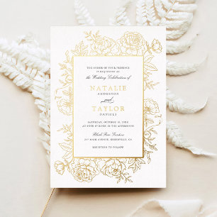 Invitation En Aluminium Élégant Cadre de Roses Florales en Feuille d'Or po