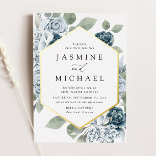 Invitation En Aluminium Élégant Cadre Floral Bleu Poussiéreux Mariage