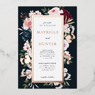 Invitation En Aluminium Elégant cadre floral bordeaux & marine aquarelle