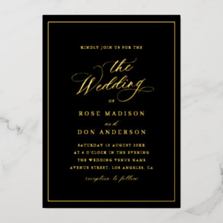 Invitation En Aluminium Elegant calligraphy black and gold wedding
