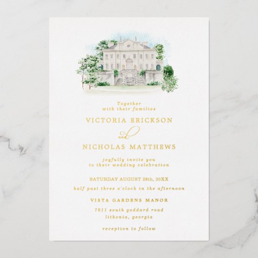 Invitation En Aluminium Élégant Château | Mariage de l'aquarelle (Recto)