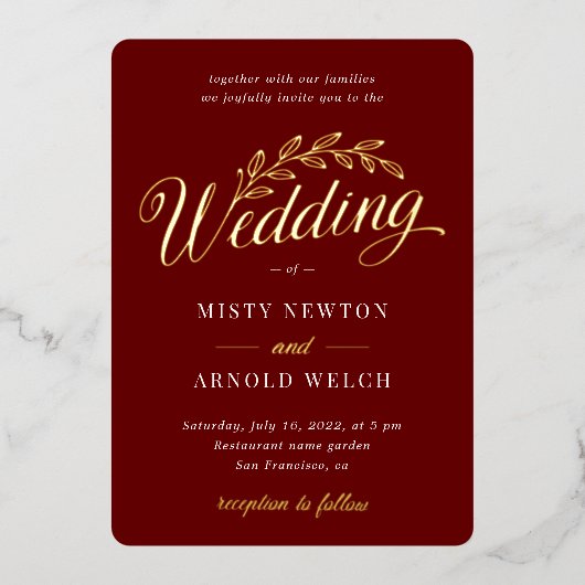 Invitation En Aluminium Élégant classique Gold Foil Rouge Bourgogne Rustiq (Recto)