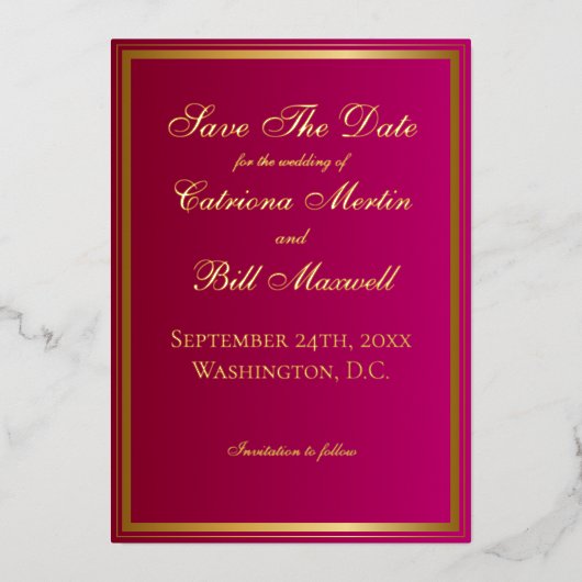 Invitation En Aluminium Élégant classique Magenta et or Enregistrer la dat (Recto)