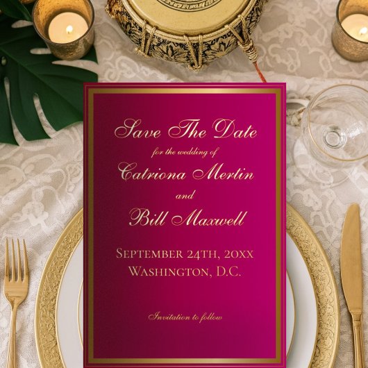 Invitation En Aluminium Élégant classique Magenta et or Enregistrer la dat