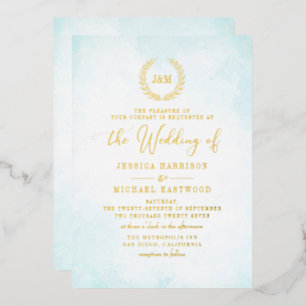 Invitation En Aluminium Élégant Classique Monogramme Turquoise Or Mariage