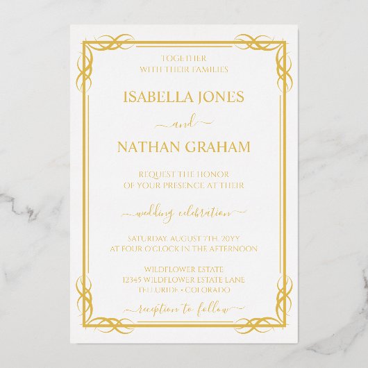 Invitation En Aluminium Elégant classique or et Mariage blanc (Recto)