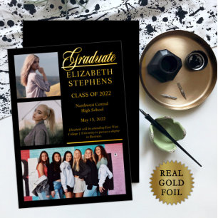 Invitation En Aluminium Élégant Classy 3 Photo Graduate Graduate noir