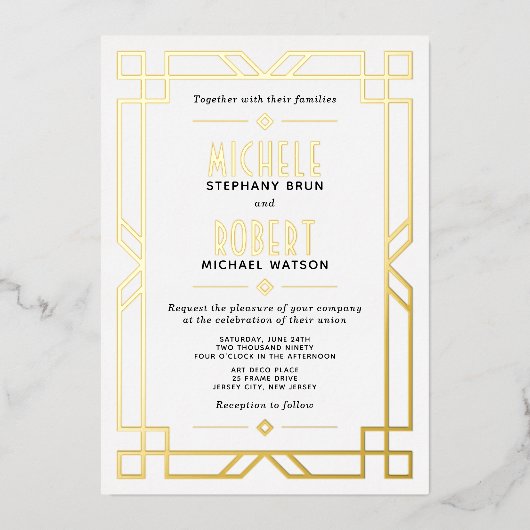 Invitation En Aluminium Elégant Classy Art Déco moderne Mariage Or (Recto)