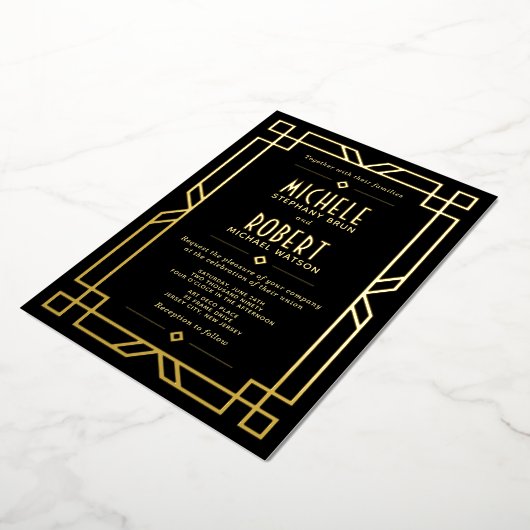 Invitation En Aluminium Elégant Classy Art Déco moderne Noir Mariage Or (Rotation)