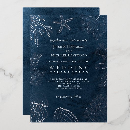 Invitation En Aluminium Elégant Classy Navy Blue Ocean Beach Mariage (Recto/Verso)