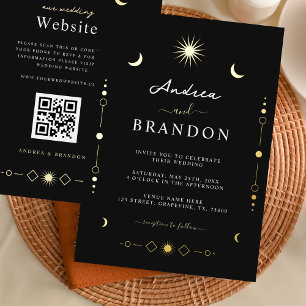 Invitation En Aluminium Élégant Code QR Lune & Soleil Or Céleste Mariage