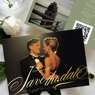 Invitation En Aluminium Élégant code QR photo calligraphie vert sauge or