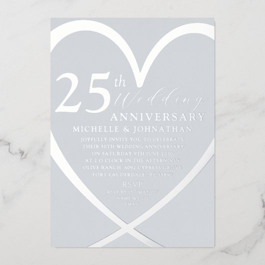 Invitation En Aluminium Elégant Coeur Argent 25 e anniversaire Mariage (Recto)