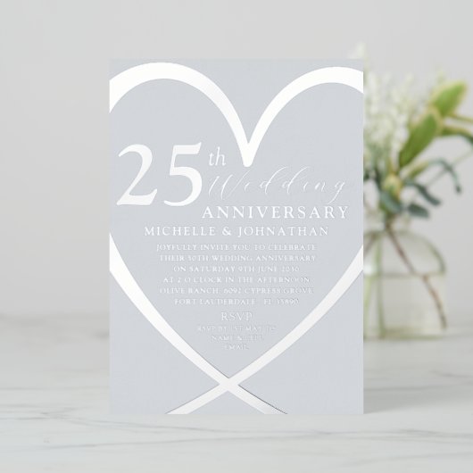 Invitation En Aluminium Elégant Coeur Argent 25 e anniversaire Mariage (Debout devant)