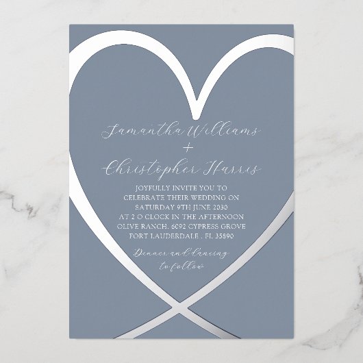 Invitation En Aluminium Elégant Coeur argenté et Mariage bleu poussiéreux (Recto)