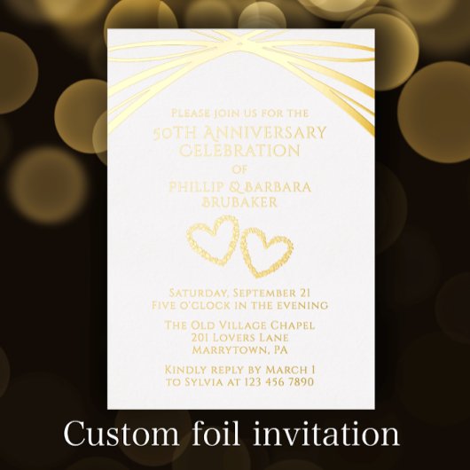 Invitation En Aluminium Elégant Coeur d'arc Golden 50e anniversaire Mariag