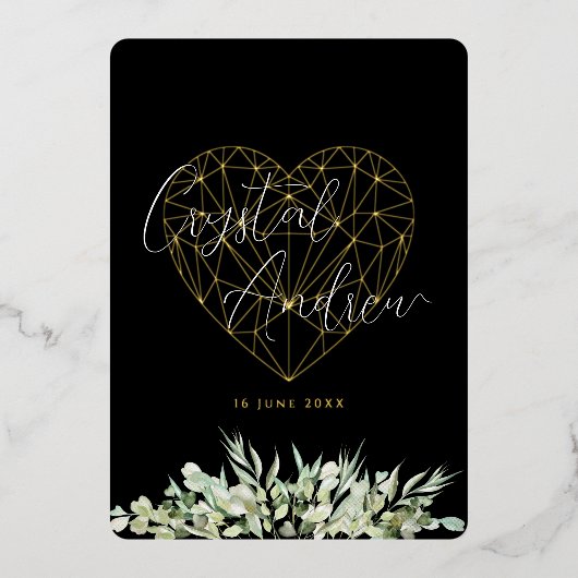 Invitation En Aluminium Élégant Coeur Noir Foliage Mariage formel (Recto)