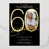 Invitation En Aluminium Elégant Confetti Photo Black Gold 60e anniversaire (Recto)