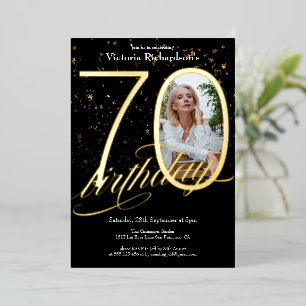 Invitation En Aluminium Elégant Confetti Photo Black Gold 70e anniversaire