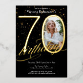 Invitation En Aluminium Elégant Confetti Photo Black Gold 70e anniversaire (Recto)
