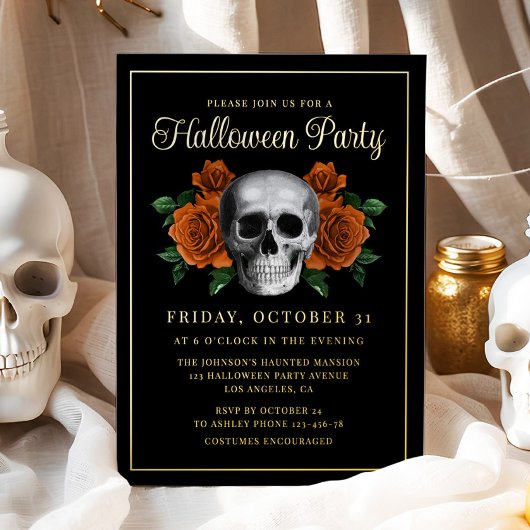 Invitation En Aluminium Elégant crâne gothique floral Halloween or