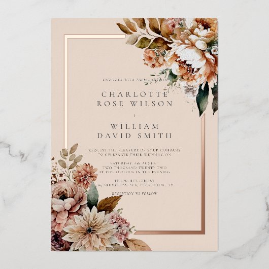 Invitation En Aluminium Elégant Crème Automne Aquarelle Fleurs Mariage (Recto)