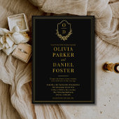 Invitation En Aluminium Elegant Crest Black Gold Minimalist Wedding