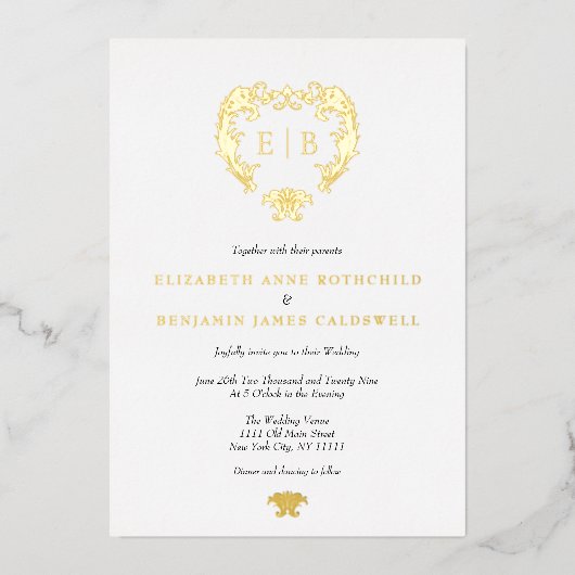 Invitation En Aluminium Élégant Crest Monogram Mariage Gold (Recto)