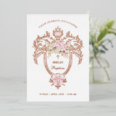 Invitation En Aluminium Elegant Crest Pink Bow Baptism Rose Gold (Debout devant)
