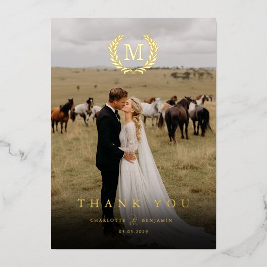 Invitation En Aluminium Élégant crête Monogramme 1 Merci photo Mariage (Recto)