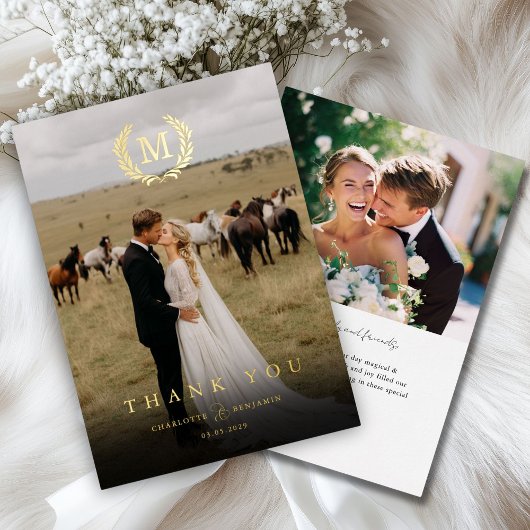 Invitation En Aluminium Élégant crête Monogramme 2 Merci photo Mariage