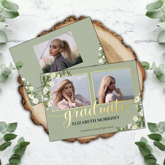Invitation En Aluminium Elegant Daisies 3 Photo Graduation Sage