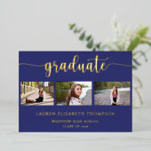 Invitation En Aluminium Élégant diplôme 3 Photo Blue Gold (Debout devant)