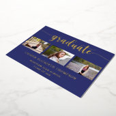 Invitation En Aluminium Élégant diplôme 3 Photo Blue Gold (Rotation)