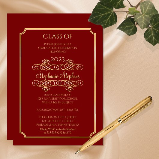 Invitation En Aluminium Élégant Dk Red University Graduation Party Gold