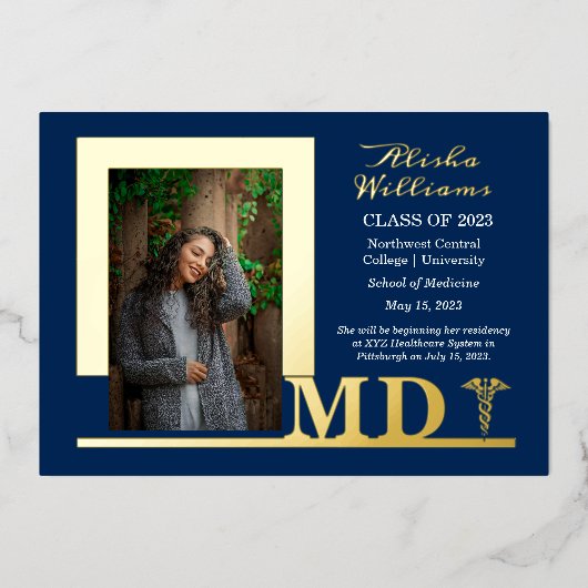 Invitation En Aluminium Élégant Dr MD Caduceus Photo Diplômé Bleu (Recto)